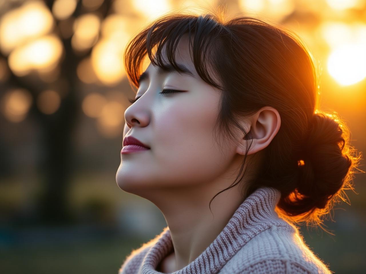 A woman breathing deeply at golden hour