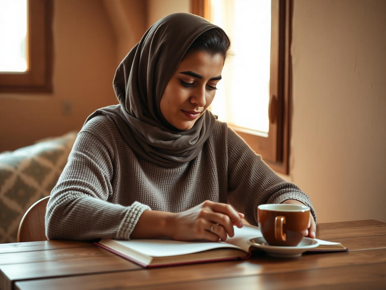A woman journaling in soft light