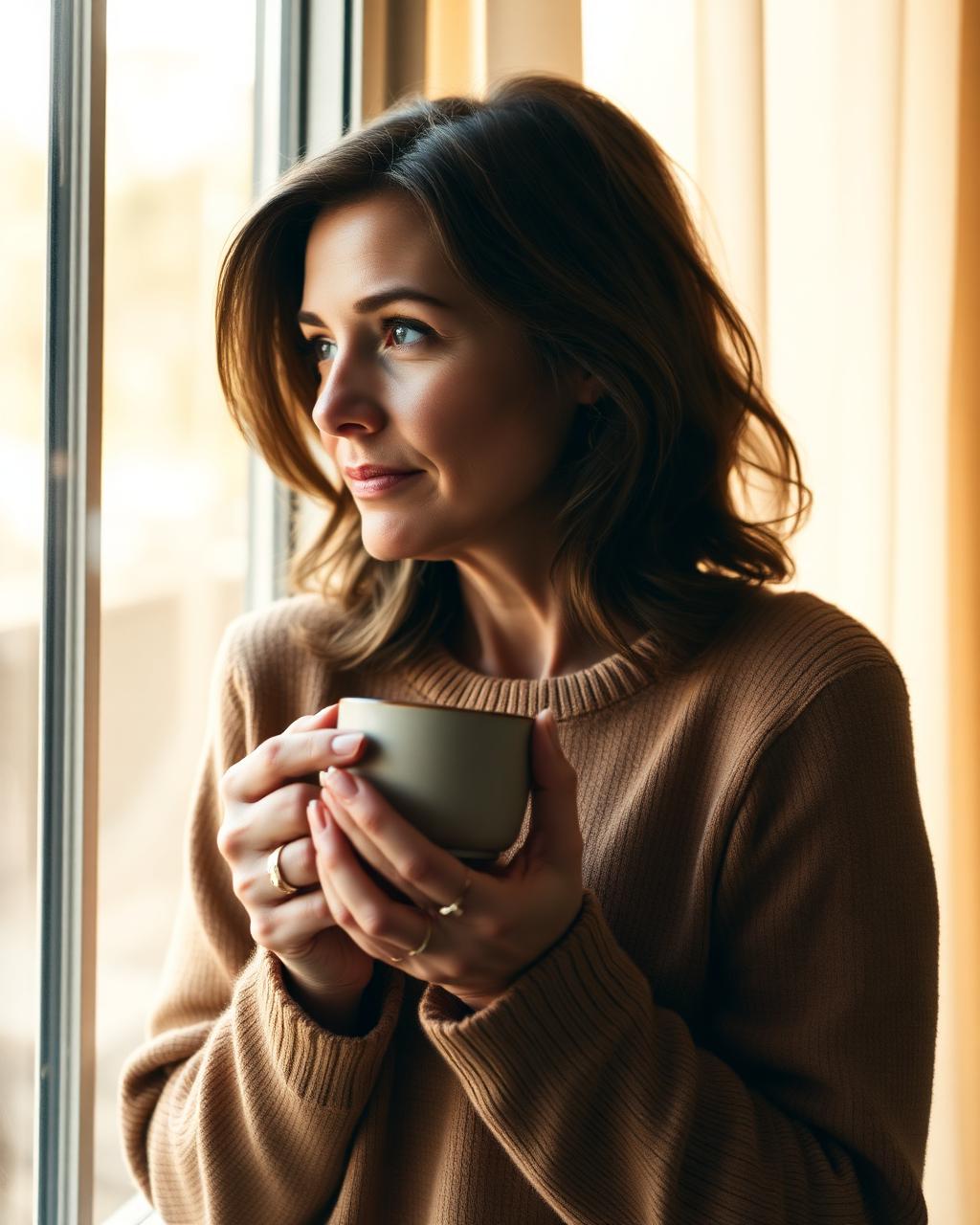 A woman holding a warm mug, gazing thoughtfully out a window