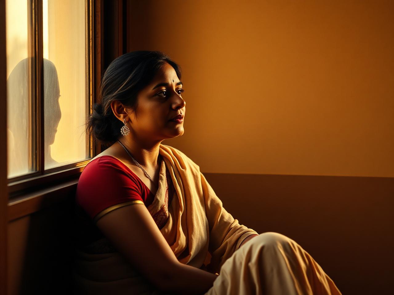 A thoughtful woman by a window